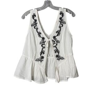 Dizzy Lizzy Embroidered Top Womens Large White Black Tie Front Peplum Gauze